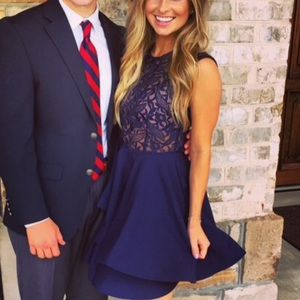 Navy blue lace top flare dress